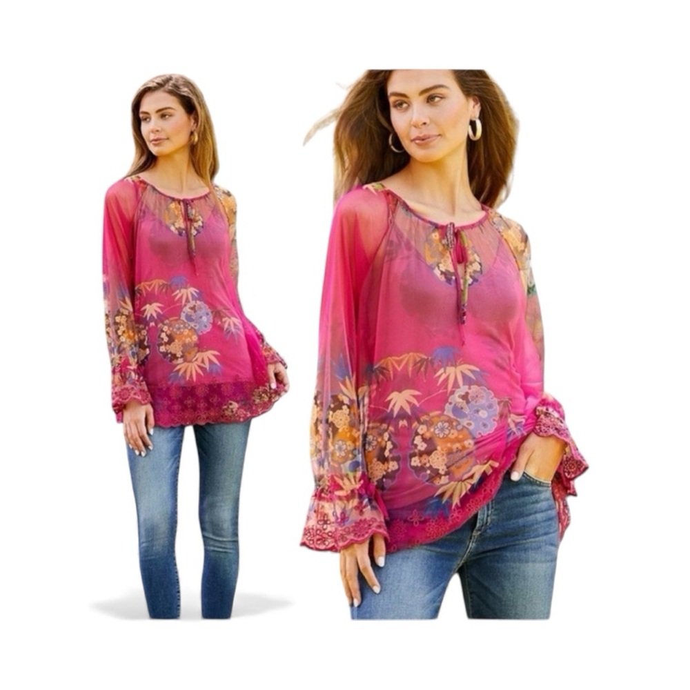 Johnny Was BIYA Mazzy Peasant Dralion Floral Blouse M & L